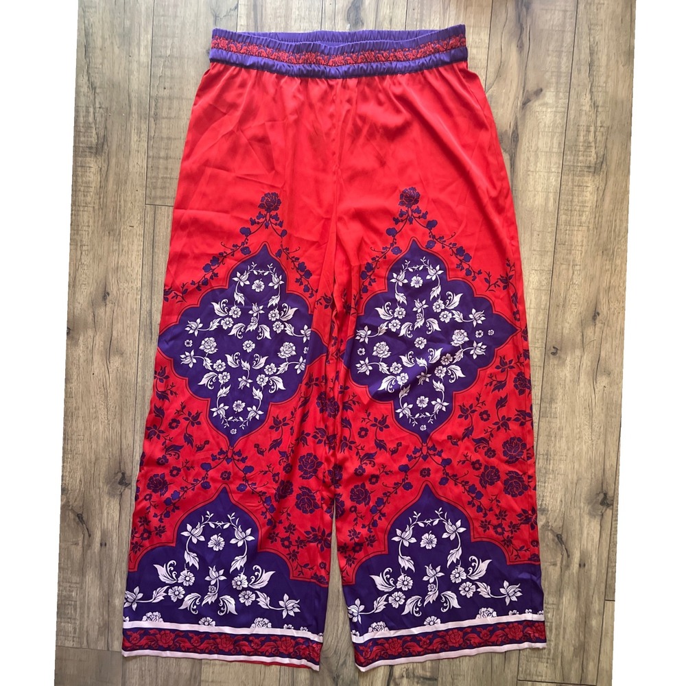 Rachel Zoe pants large flowy boho red purple wide leg mandala print satin